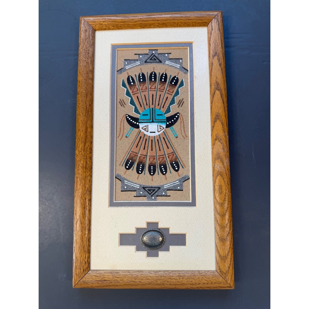 Navajo Sand Painting Sun Shield by Yazzie Framed Native American Folk Art 13.5in